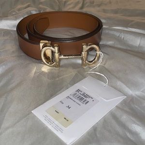 Ferragamo Tan Belt w/ Gold Buckle Parigi Double Gancini Belt